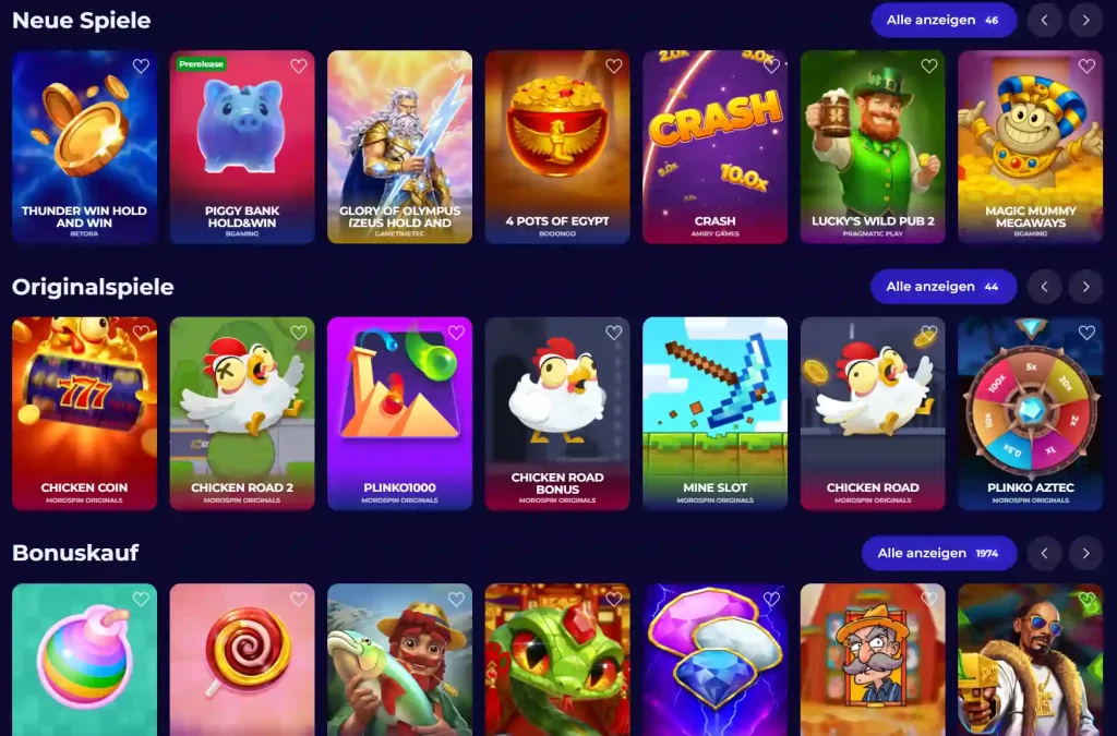MoroSpin Casino Spiele Lobby mit neuen Spielen, Originals und Bonuskauf Slots