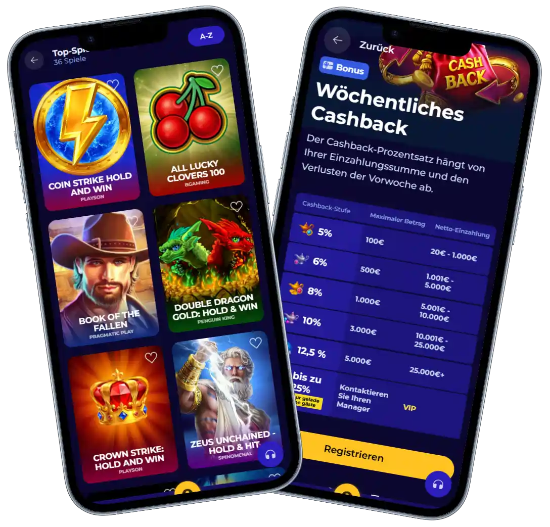 MoroSpin Casino Smartphone Ansicht mit Slot Spiele Lobby und wöchentlichem Cashback Bonus