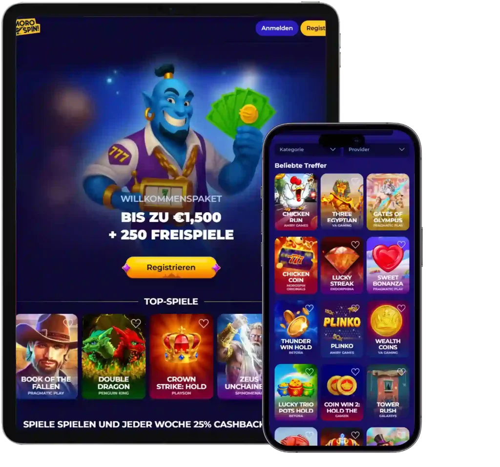 MoroSpin Casino Startseite auf Tablet und Smartphone mit Willkommensbonus und Slot Spiele Auswahl